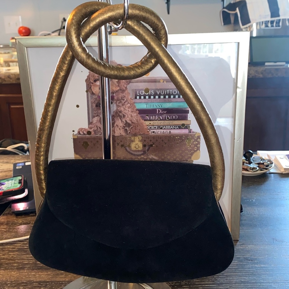 Carlos Falchi Black Suede Gold Interior Evening Bag NWOT